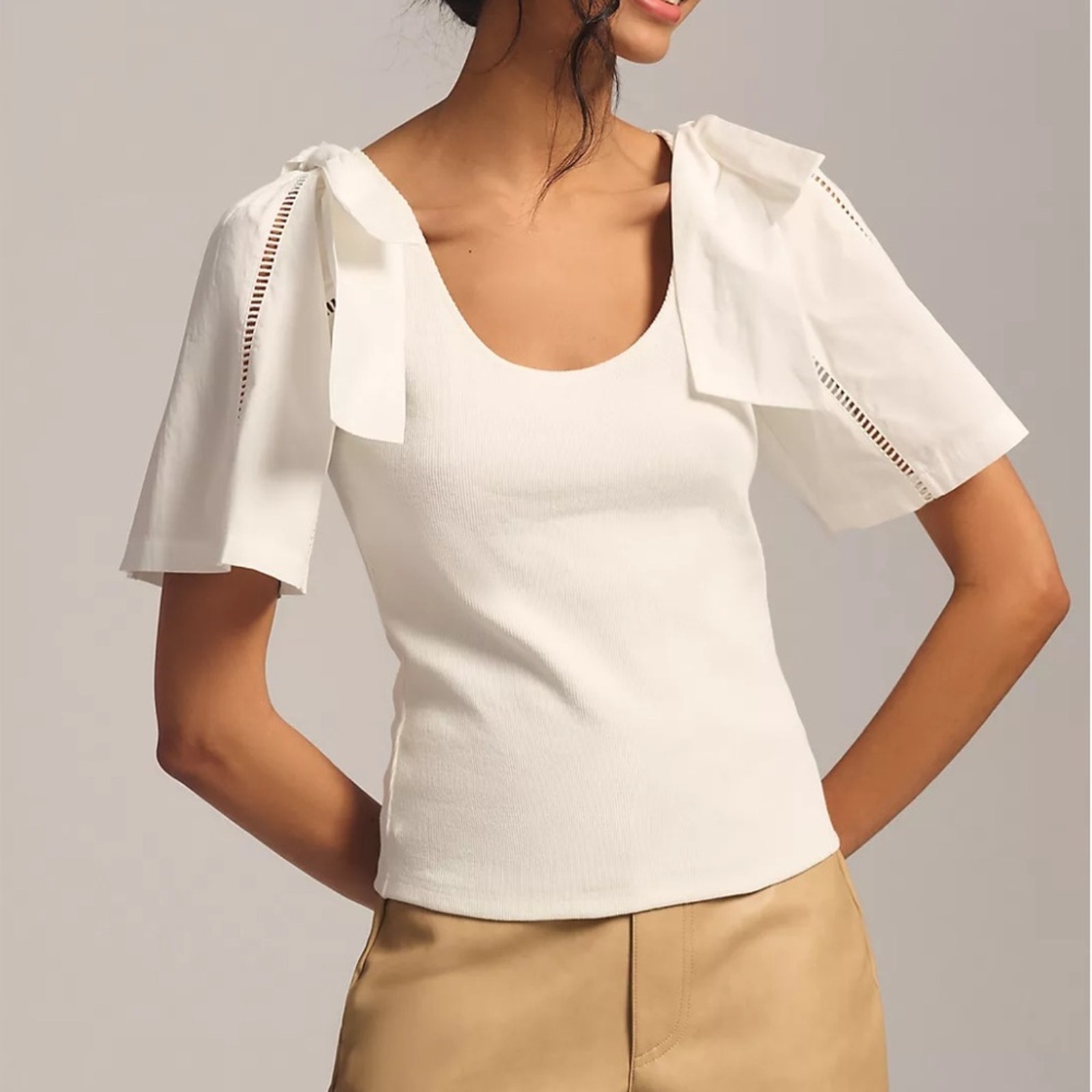 Anthropologie White Bow-Shoulder Knit Top